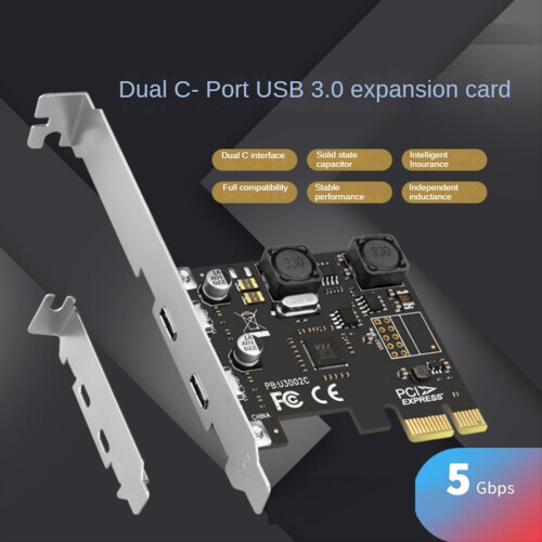 PCI Express X1 til USB 3.0 5 Gbps 2-ports type C til stationær pc 2