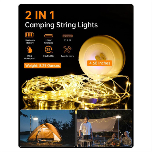 2-i-1 utendørs campinglyslenke, bærbar LED-campinglykt 2