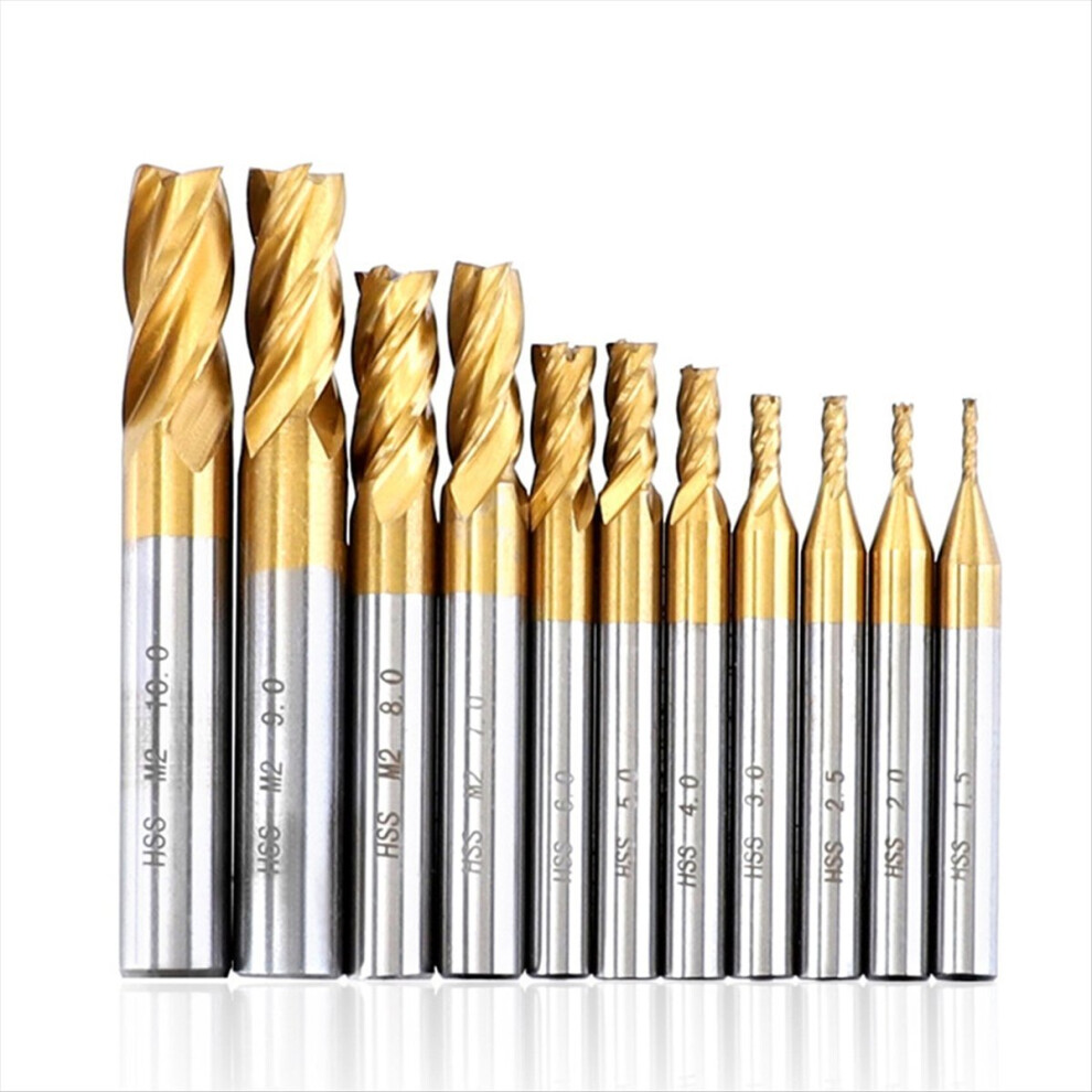 11Pcs Milling Cutters 4-Flute Titanium Coated Hss End Mill Set 4711235813629