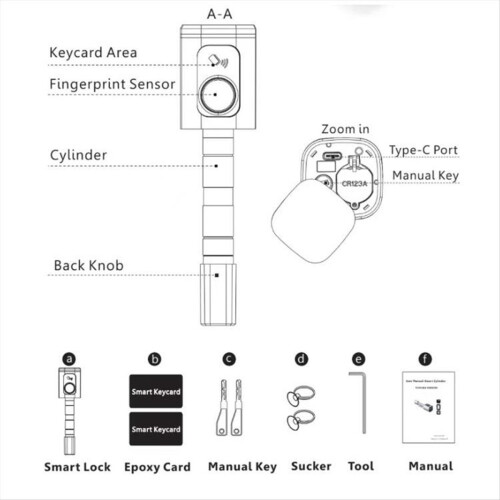 Anti-Theft Gate Fingerprint Lock Replacement Lock Cylinder,A 2
