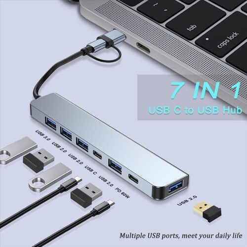 Διαχωριστής USB Hub 7 σε 1 USB Extender με 4 θύρες USB 2 θύρες USB C 2