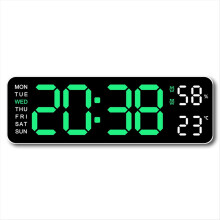 Stor digital väggklocka med LED-ljus, temperatur och luftfuktighet, grön, 12/24 timmar
