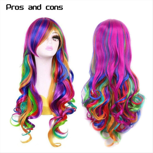 Parrucca lunga riccia da donna arcobaleno, per cosplay, capelli da 70 cm 1