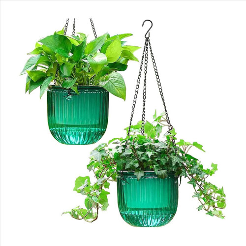 Pacote com 2 vasos de flores suspensos com autoirrigação para ambientes internos, 6,5 polegadas, cor esmeralda 1