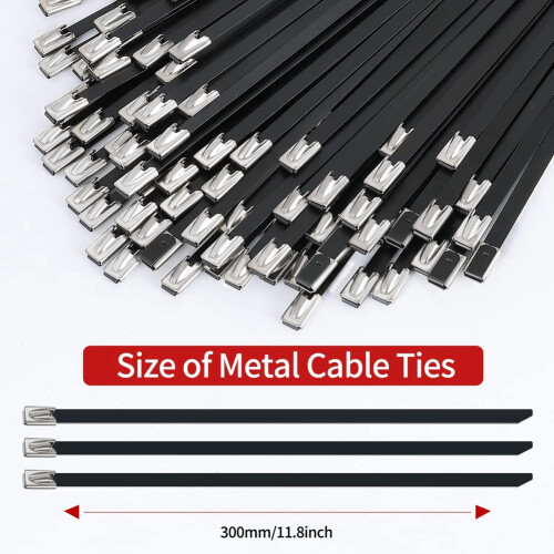Abraçadeiras de metal pretas, 100 peças, 11,8 polegadas, braçadeira de cabo de aço inoxidável 304 1