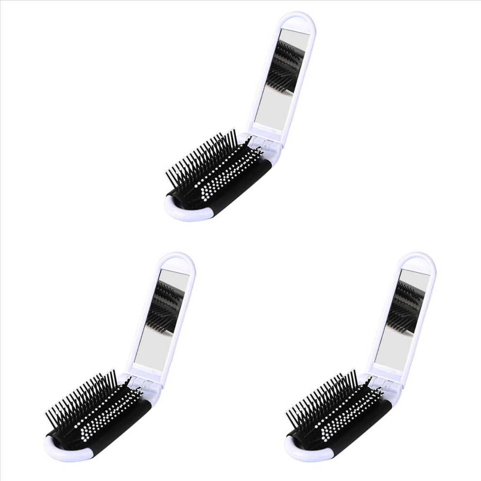 Unisex White Travel Folding Hair Brush With Mirror Compact Pocket Size Comb