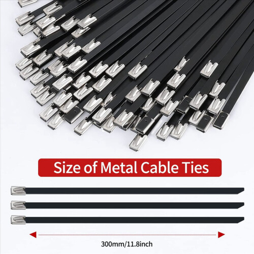 Abraçadeiras de metal pretas, 100 peças, 11,8 polegadas, braçadeira de cabo de aço inoxidável 304 1