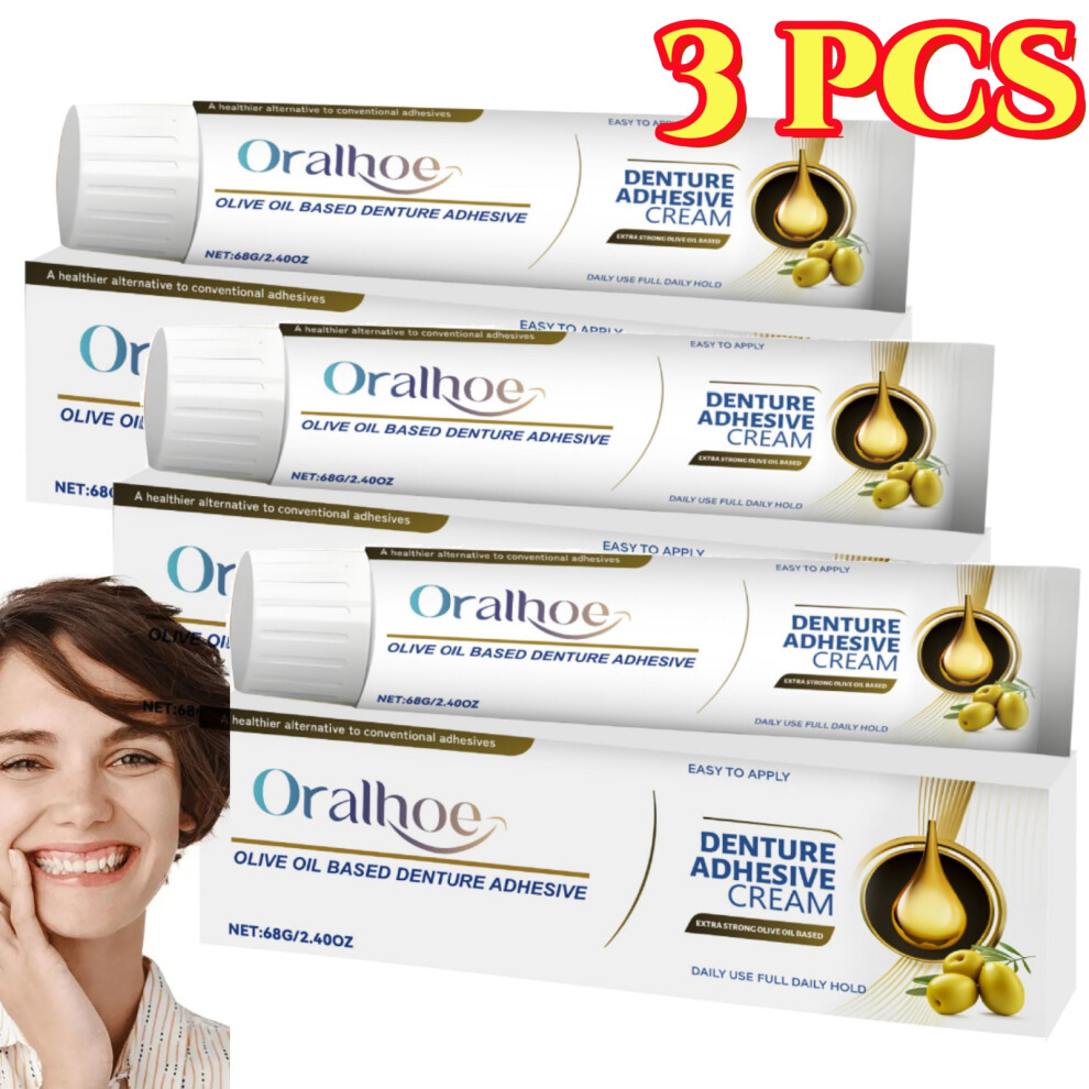 Olive Oil Based 3X Denture Adhesive 68g - Long-Lasting, Strong Hold, Easy Application, Safe for All Dentures