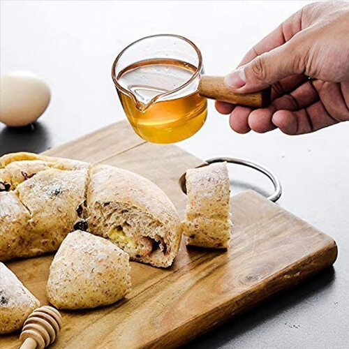 2 τεμάχια διαφανές γυαλί με ξύλινη λαβή, κανάτα κρέμας. 50ml 1