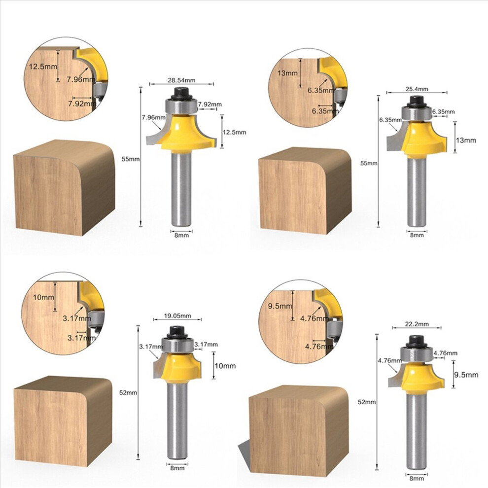 4Pcs 8Mm Shank Roundover Router Bit Set-Woodworking Milling Cutter 4712884962225