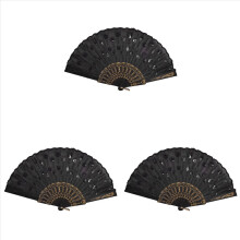 Black Plastic Frame Embroidery Floral Detail Folding Hand Fan