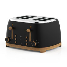 GEEPAS 4 Slice Toaster NordiQ Design | Matte Finish with Wood Accents | 6 Browning Levels Defrost Reheat & Cancel | Dual Control High Lift