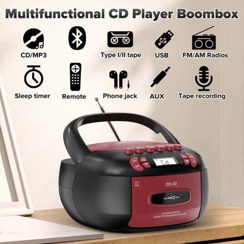 Συσκευή αναπαραγωγής CD, κασέτα, ραδιόφωνο AM FM, ηχεία Bluetooth, βύσμα EU 2