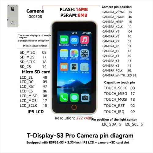 Placă de dezvoltare T-Display-S3-Pro + cameră GC0308 ESP32-S3 C 1