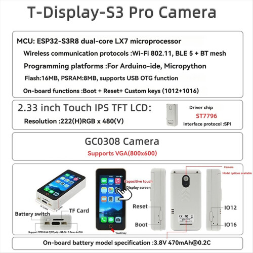 Placă de dezvoltare T-Display-S3-Pro + cameră GC0308 ESP32-S3 C 2