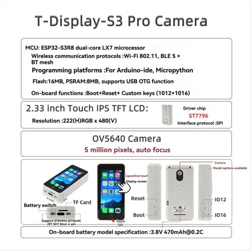 Placă de dezvoltare T-Display-S3-Pro + cameră OV5640 de 5MP A 2