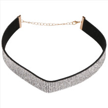 Women Suede leather Full Rhinestone Necklace silver