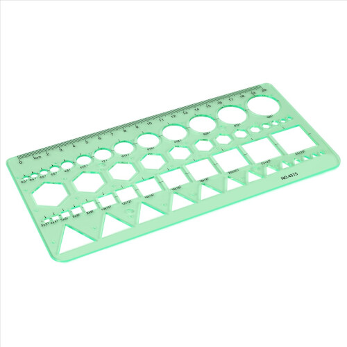 Green Plastic Circles Squares Hexagons Geometric Template Ruler 0-20cm 2