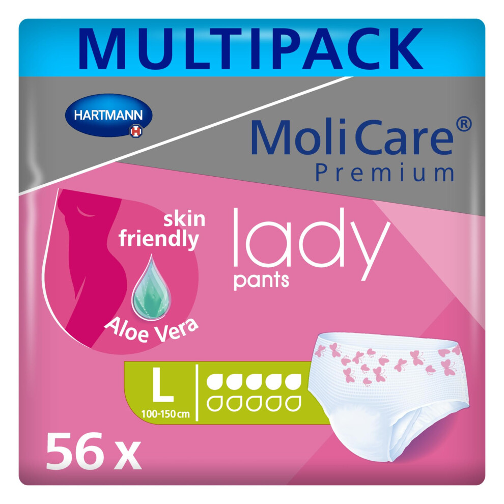 Molicare Premium Lady Pants, Discreet Usage For Bladder Weakness Specially For Women, Aloe Vera, 5 Drops, Size L, 8 Packs Of 7 Pairs (56 Items)