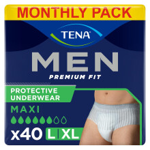 TENA Men Protective Underwear, Large, Level 4 for Heavy Bladder Weakness, 40 pairs of Incontinence Pants (10 x 4 packs) for Men, with a Masculine and