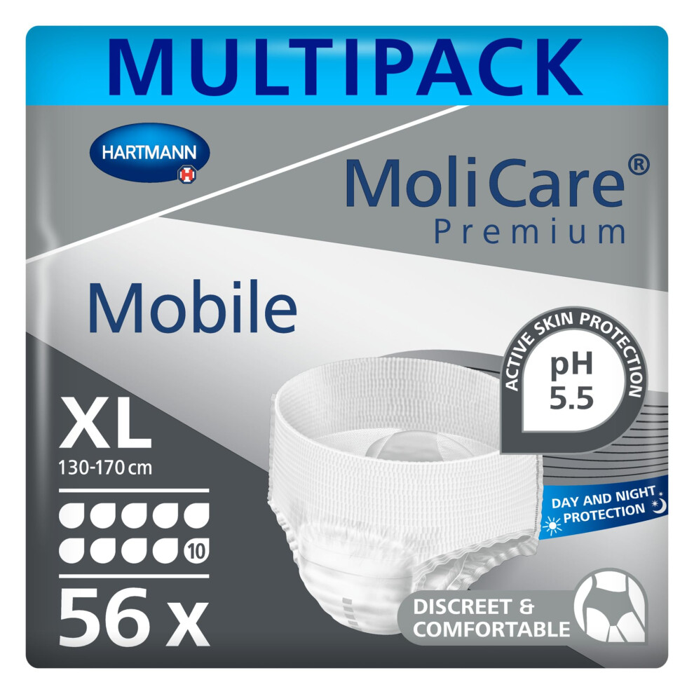 Molicare Premium Mobile Disposable Incontinence Pants: For Women And Men With Incontinence; 10 Drops, Size Xl, 4 Packs Of 14 Pairs (56 Pieces)