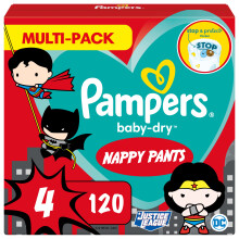 Pampers Baby Nappy Pants Size 4 (9-15 kg/20-33 Lb), Baby-Dry Superhero, 120 Nappies, MONTHLY SAVINGS PACK, With A Stop & Protect Pocket