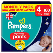 Pampers Baby-Dry Night Pants Size 4, 180 Nappies, 9kg - 15kg, Monthly Pack, Pampers Night Pants Offer Extra Protection All Night Long