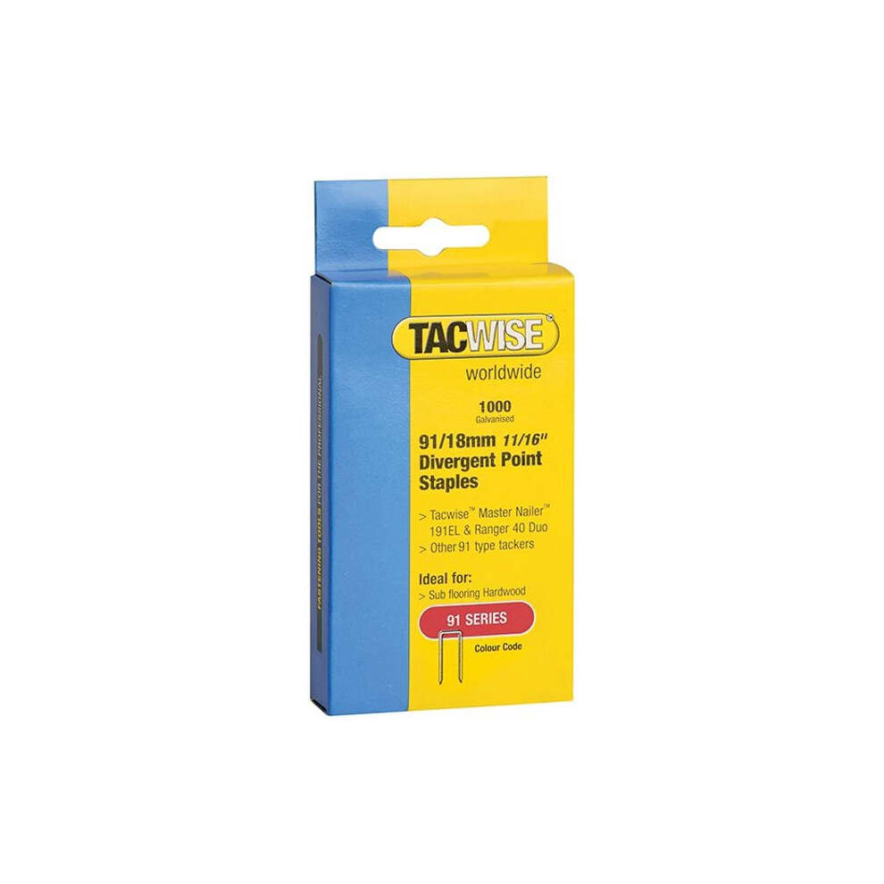Tacwise 287 91 Narrow Crown Divergent Point Staples 18mm - Electric Tackers Pack 1000