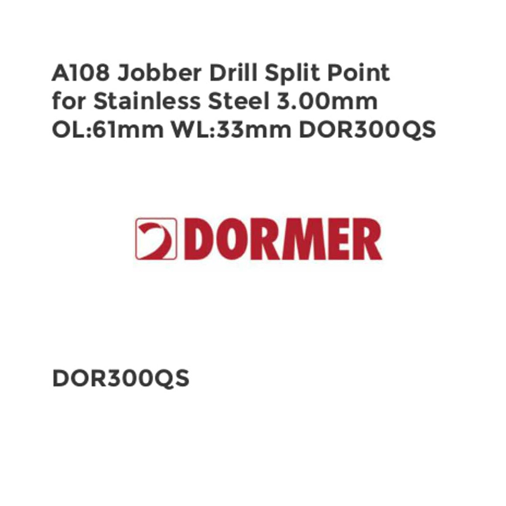 Dormer A1083.0 Jobber Drill Split Point for Stainless Steel 3.00mm OL:61mm WL:33mm-image-OPC-PQT7XX-NEW