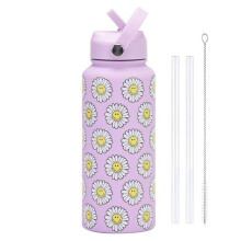 Pink Bow Water Bottle 1L (32oz) Lavender27B Insulated Stainless Steel Thermo With Straw For Women Girls Teens