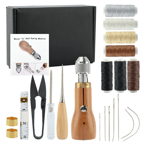 Sewing Awl Kit,Straight Bent Needles Rolls Waxed Threads Screwdriver 2