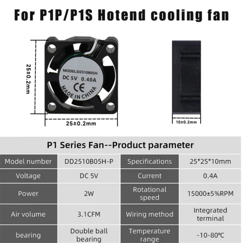 Für X1/P1 Hot End Lüfter mit Kabel Lüfter 2