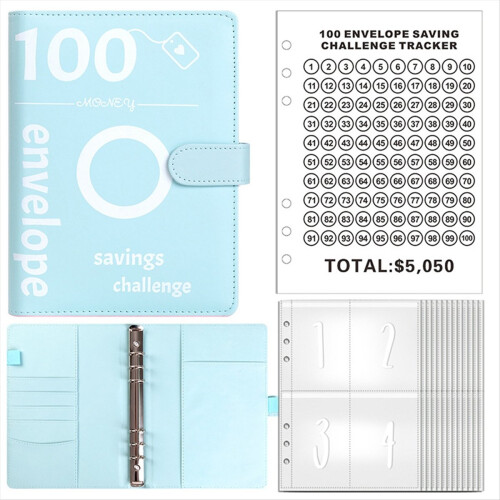 100 Envelopes Money Saving Challenge, Money Saving Binder,(Blue) 2