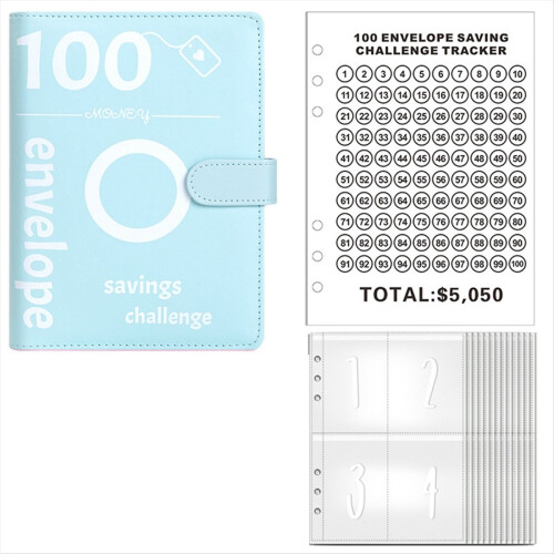 100 Envelopes Money Saving Challenge, Money Saving Binder,(Blue) 1