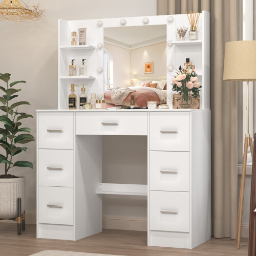7 Drawers LED Lights Mirror Large Vanity Desk