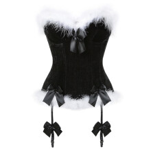 Womens Christmas Costume Feathers Trim Bustier Corset-Black XL