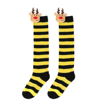 Striped Thigh High Stockings Christmas Elk-12 black and yellow