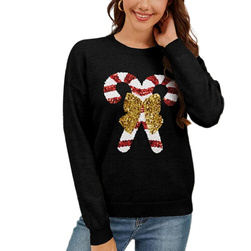 Damen-Weihnachtspullover mit Pailletten,-Schwarz S