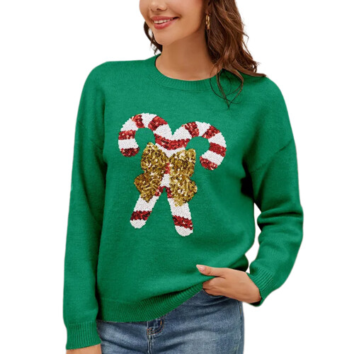 Festlicher Damenpullover mit Zuckerstange und Schleifen,-Grün M