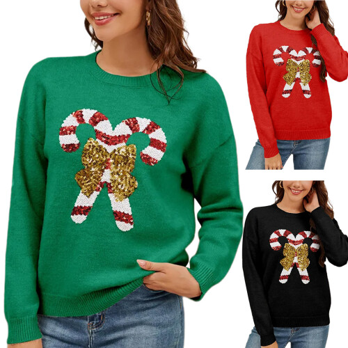 Festlicher Damenpullover mit Zuckerstange und Schleifen,-Grün M 2