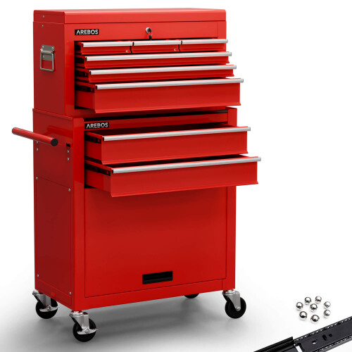 AREBOS AREBOS 9-Drawer Combo Tool Cabinet Garage Tool Chest with Wheels Workshop Tool Storage Lockable Red