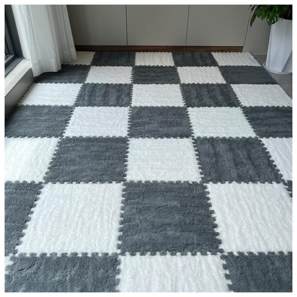 Soft Plush Interlocking Carpet Tiles 25-Piece Set, 12X12x0.4 Inch Eva Foam Puzzle Mat, Gray And Nursery, Area Rug White