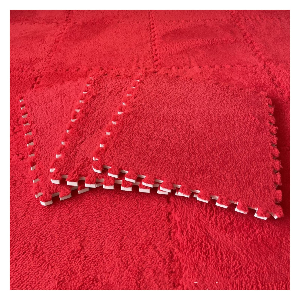 16Pcs Interlocking Foam Mats Fluffy Carpet Tiles Plush Square Floor Tiles Soft Play Room Puzzle Mats Red
