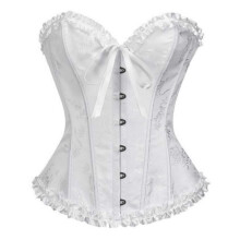 Womens Gothic Court Corset Overbust Floral Printed Bustier Lace-Up Waist Cincher Steel Boned Shapewear Strapless White