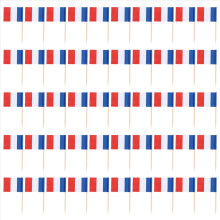 50 stk. mini trætandstikker med flag til dekoration af festfrugtdej - Frankrig (blå, hvid, rød)