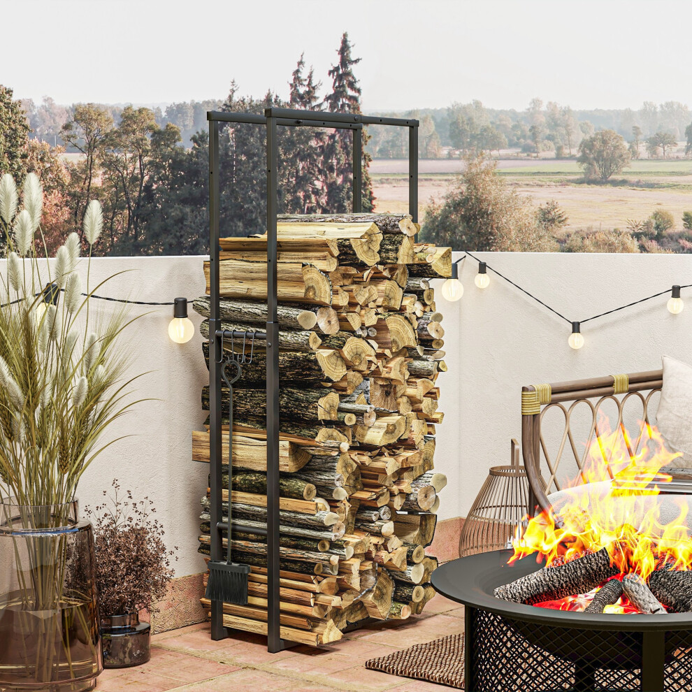 Outsunny 100-150Cm Retractable Metal Firewood Log Holder Rack With Hooks - Image 6