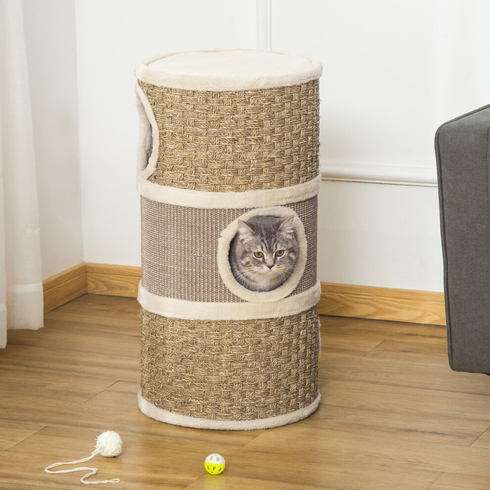 PawHut Cat Scratching Barrel Kitten Tree Tower with Sisal and Seaweed Rope | Pet Furniture, Climbing Frame, Covered with Sisal and Seaweed Rope, Cozy Platform - Image 5