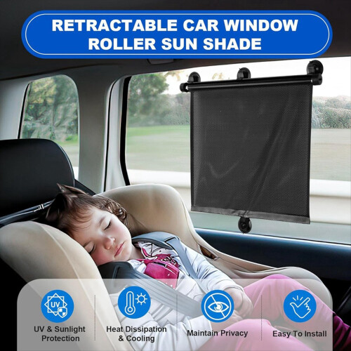 Car Side Window Sun Shade 2 Pack, Retractable Car Roller Sunshade 2
