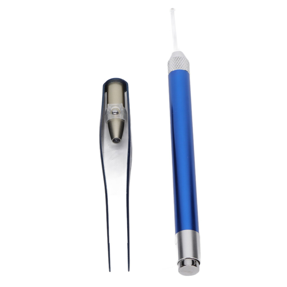 Blue Led Earpick Tweezers Stainless Steel Set With Batteries & Storage Box