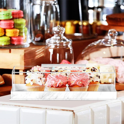 Rectangular Cake Tray Acrylic Dessert Display Case White Marble Pastry Platter Storage Container For Party Home Kitchen 1